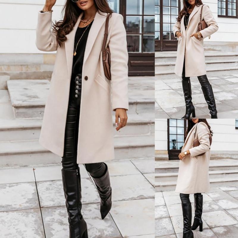 

Women' Wool & Blends  Arrival Casual Women Autumn Winter Pocket Lapel Overcoat Button Warm Long Coat Jacket Khaki/Light Grey/Black/Beige