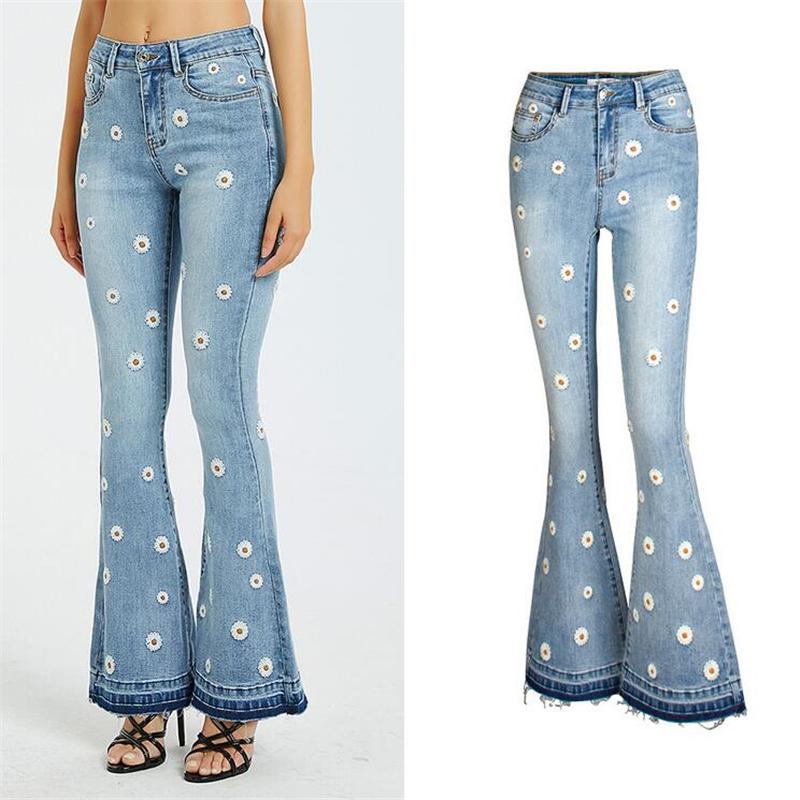 

women's jeans 2021 vintage slim flower embroidery for women skinny woman denim flares pants stretch calca feminina, Blue