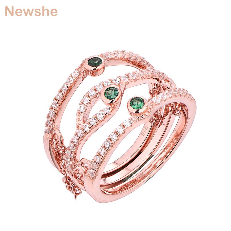 

Cluster Rings She 925 Sterling Silver Rose Gold Color Stacking Ring Set For Women Green Cubic Zircon Wedding Party GR01289A, Golden;silver