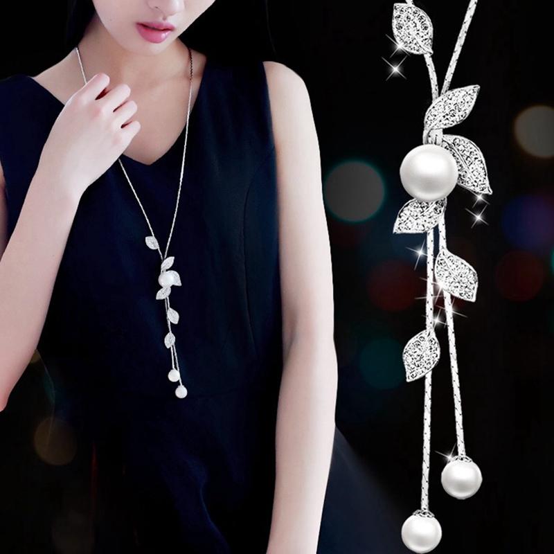

Pendant Necklaces Ladies Silver Color Chain Long Necklace Jewelry Accessories Fashion Simulation Pearl Leaf Tassel