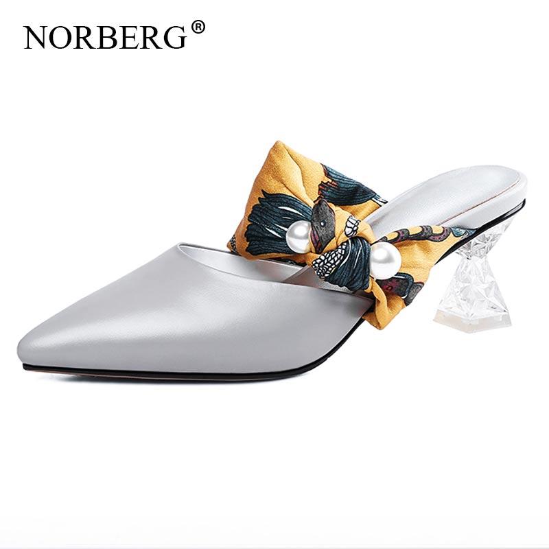 

Slippers NORBERG Woman Leather Silk Straps With Pearls Simple Wind Casual Sandals Crystal Heel Dew Shallow Shoes, Black
