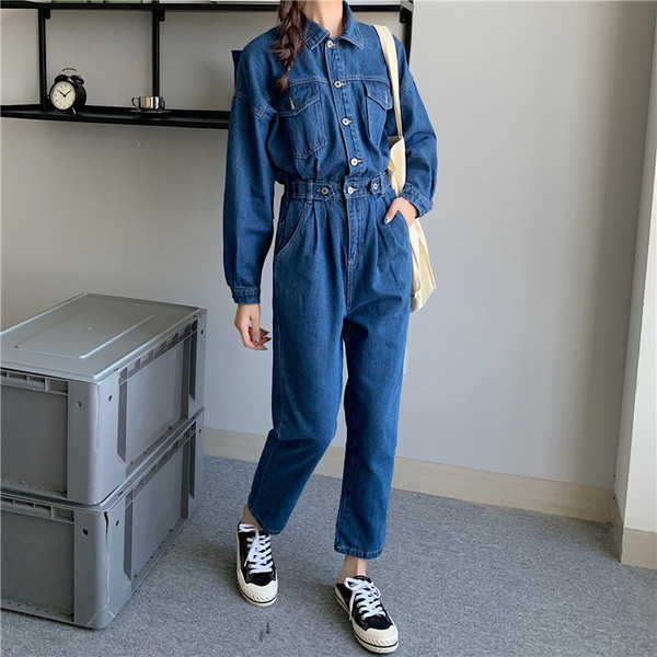 

Fashion Streetwear Denim Overalls Women Autumn Long Sleeve Bodysuit High Waist Jeans Bodycon Rompers Belt Wide Leg Jumpsuit 210526, Blue