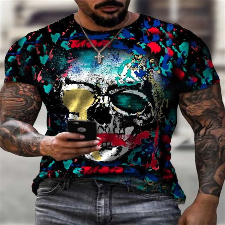 

Abstract skull pattern 3D printed T-shirt visual impact party shirt punk gothic round neck high-quality American muscle style short sleeves, Black