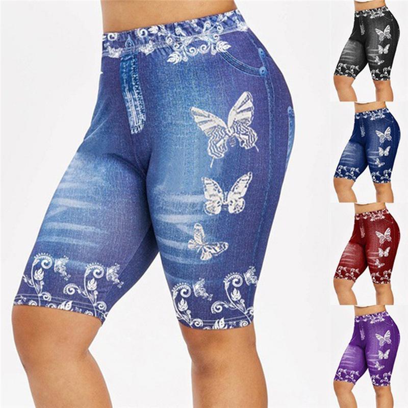 

Yoga Outfit Women Plus Size Shorts Skinny Butterfly Print Casual Jeggings Faux Denim Jean Short Fitness Leggings Running Training
