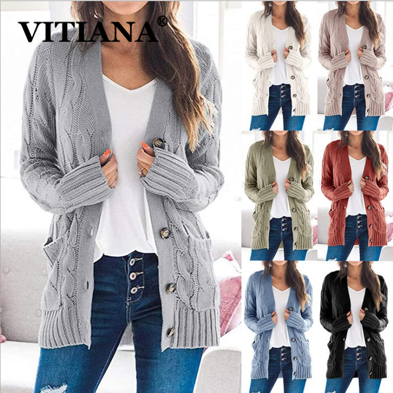 

vitiana knit sweater women autumn 2021 female casual long sleeve button cardigan knitted sweaters coat femme long cardigans, Black