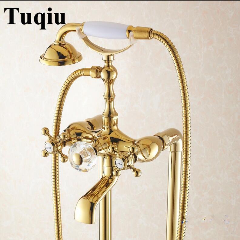 

Vidric Bathtub Faucets Bathroom Gold Floor Stand Telephone Type Bath & Shower Faucet Mixer Brass Set Luxury Batht Sets