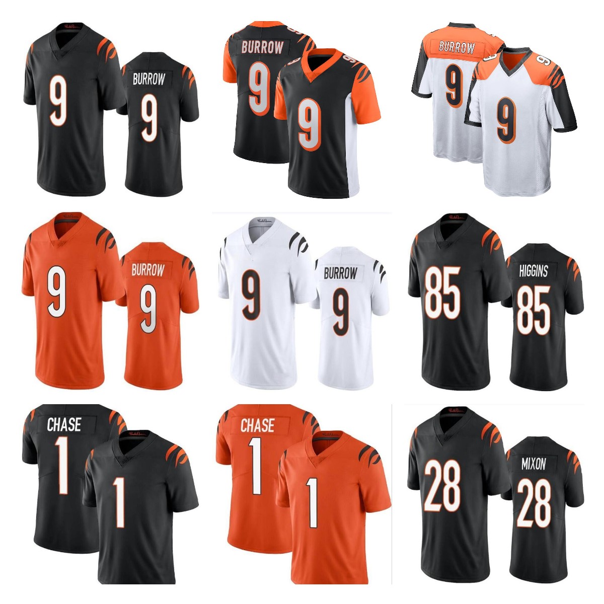 

9 Joe Burrow Custom Football Jerseys 1 Ja'Marr Chase Tee Higgins Jessie Bates III Sam Hubbard Mixon Tyler Boyd Cam Sample Evan McPherso, Black;red