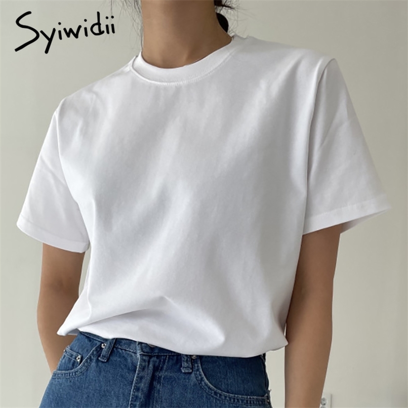 

Casual T-shirts Women Short Sleeve Tops O-Neck Soild White Black Clothes Summer Korean Fashion Tees T-shirt 210607