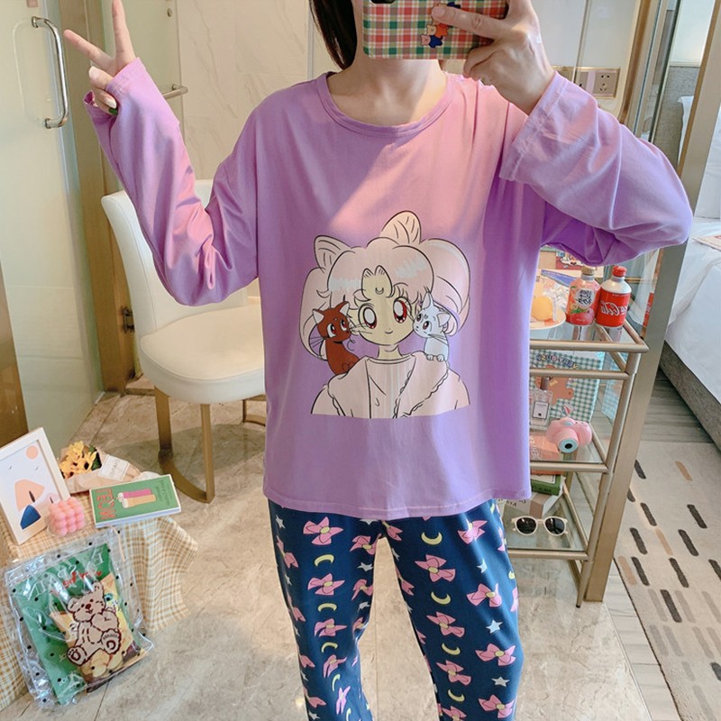 

2021Tonngirls Sailor Moon Sleepwear Women Cartoon Print Pajama Set Girls Cute Night Suit Leisure Pijamas Women Sweet Night Wear 2021, Black;red