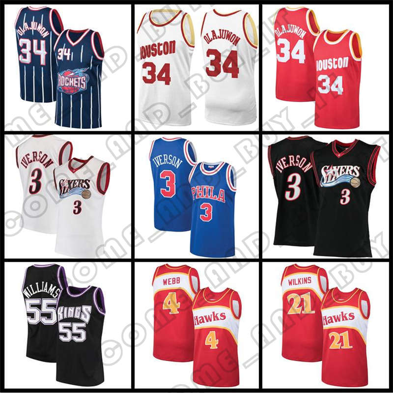 

Retro Hakeem 34 Olajuwon Allen 3 Iverson Basketball Jersey Julius 6 Erving 76ers''Rockets''Kings''Jason 55 Williams, Black;red