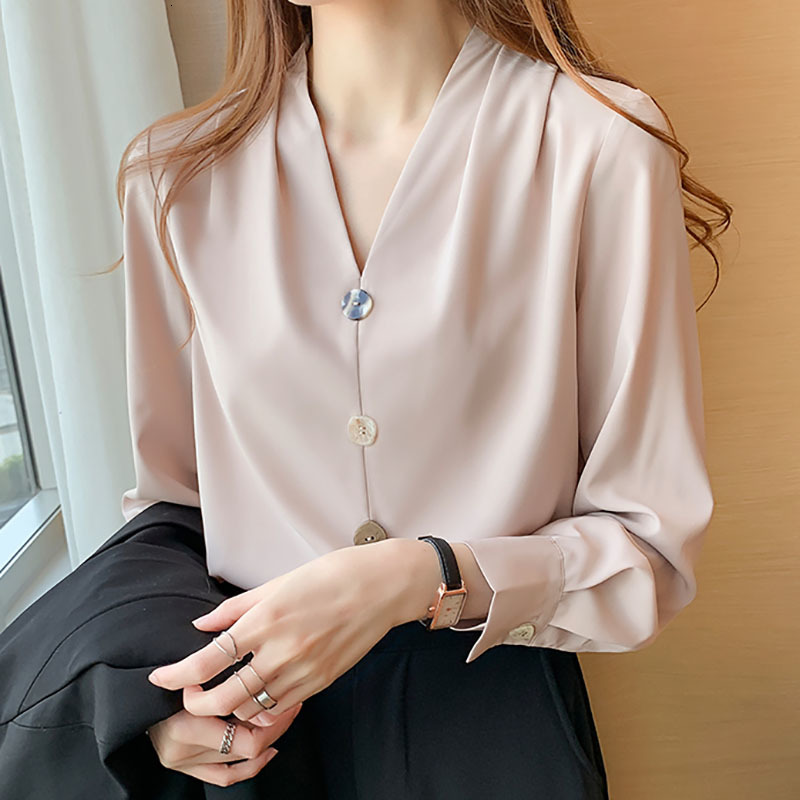 

Women' Blouses & Shirts Shintimes V-Neck Chiffon Women Blouse Vintage Long Sleeve Pullover Shirt Button Clothes Fall Womens Tops Chemisier, White