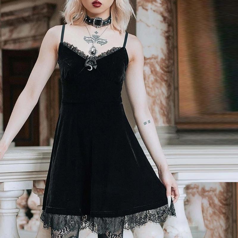 

Casual Dresses Gothic Lace Trim Black Mini DressVntage Half Moon Pendent Corset Dress Goth Aesthetic Sexy V Neck Backless Party