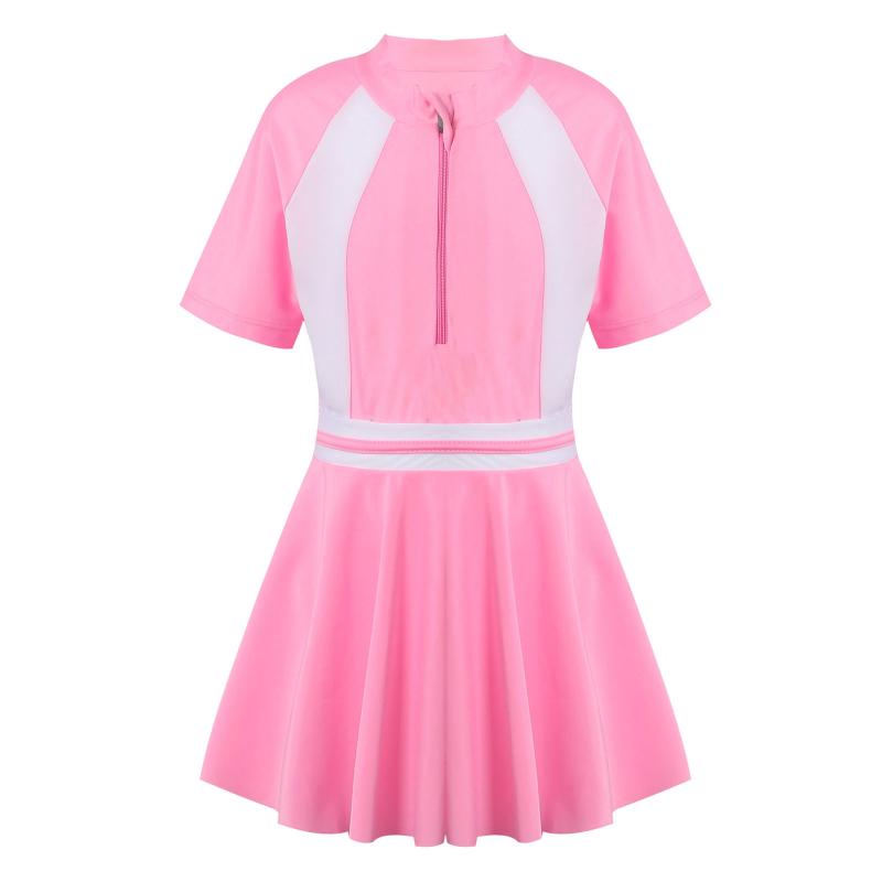 

Kids Children Swimsuit Bathing Suit Beachwear Basic Short Sleeve Leotard Bodysuit With A Line Skirt Schoolgirl Uniform Swimwear One-Piece Su