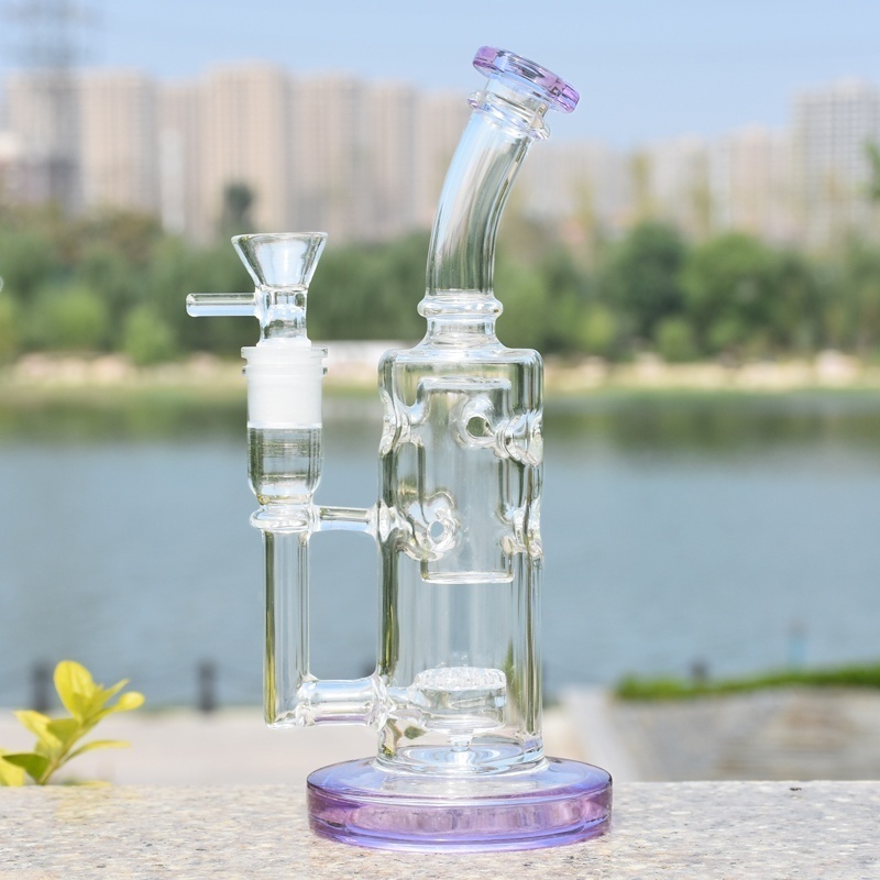 

8 inch Colorful Thick Bent Neck Glass Bongs Smoking Pipe purple Recycler Glass Oil Dab Rigs percolator Water Pipes Female Joint With 14mm cl