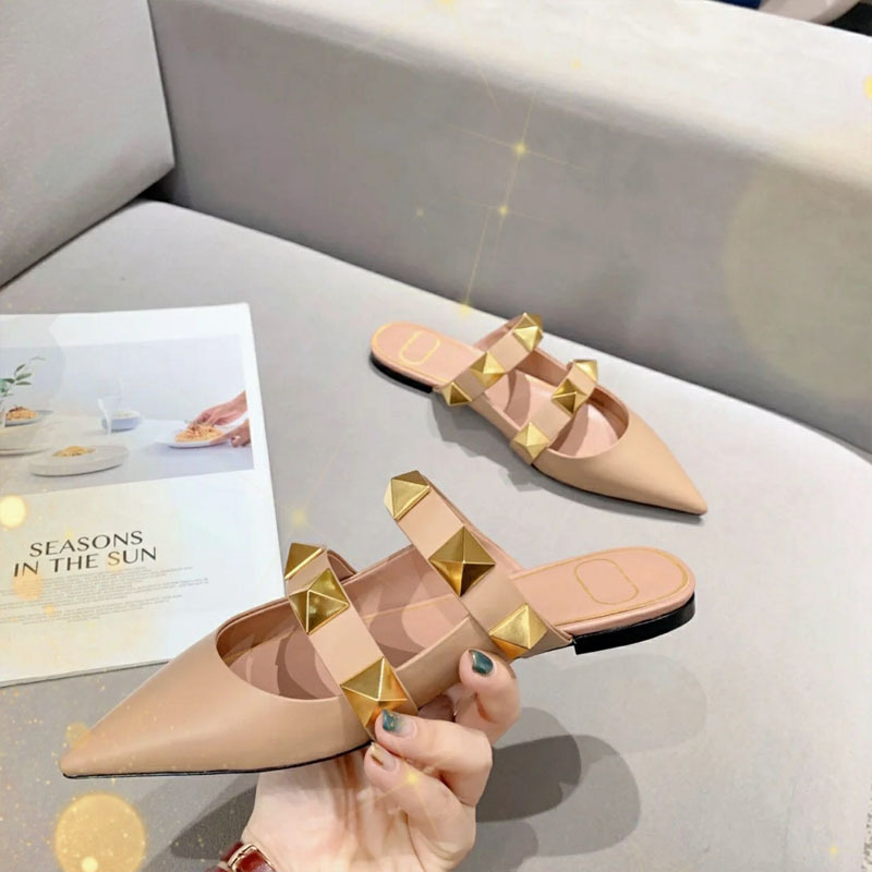

summer rivet pointed sandals women's simple casual flat shoes wearing temperament semi slippers women, Black