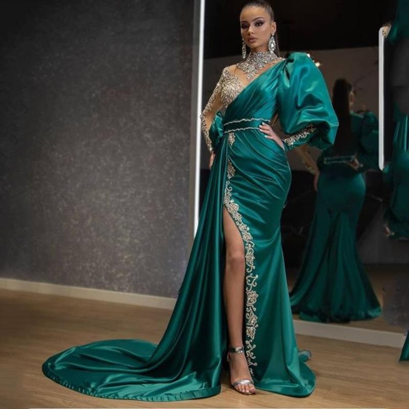 

Casual Dresses Evening Party Dress Women Elegant Sexy One Shoulder Lantern Sleeve Beading Side Split Green Wedding Prom Long Maxi, Green dress