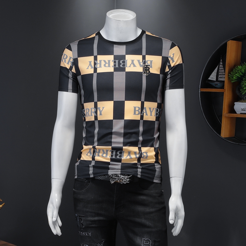 

Light luxury trend plaid short-sleeved T-shirt men's summer mercerized cotton Slim high-end personality half-sleeved top 2021, White;black