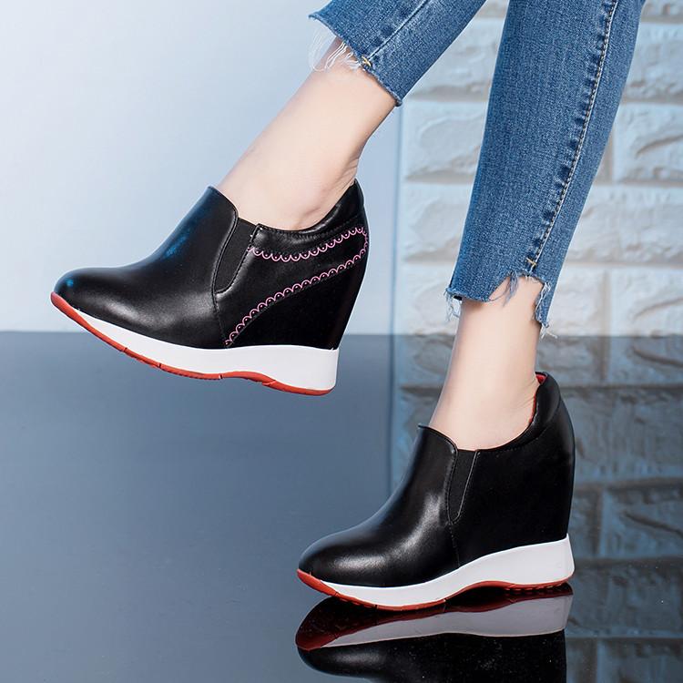 

Dress Shoes Genuine Leather Wedges Women High Heels 2021 Spring Korean Style Casual Height Increasing Platform Sneakers, Black