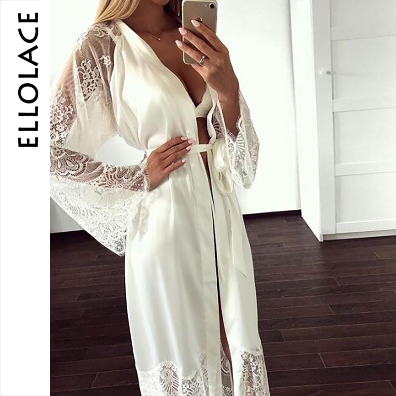 

2021sleepwear lace nightgowns women long sleeve silk nighty large home clothing with belt robe sets nightie wholesale, Black;white