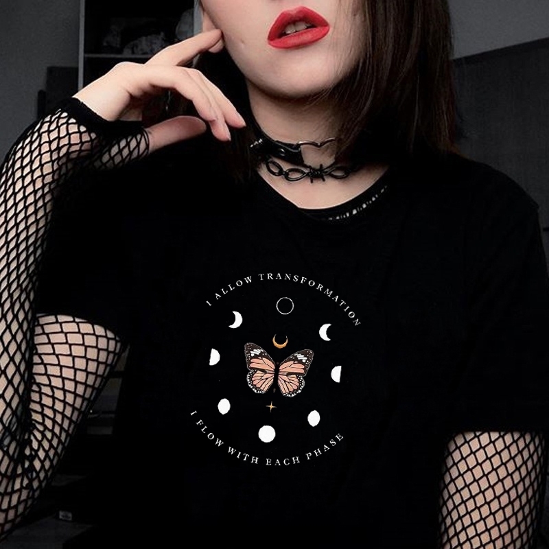 

Flow With Each Phase Butterfly Graphic Tee Summer Fashion Gothic Style Cool Grunge Black T-Shirt Kawaii Aesthetics Funny Tee 210518