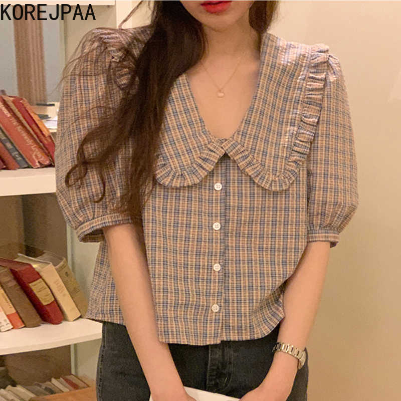 

Korejpaa Women Shirt Korea Chic Retro Ruffled Stitching Doll Collar Plaid Single-breasted Loose Bubble Sleeve Short Blouse 210526, Beige
