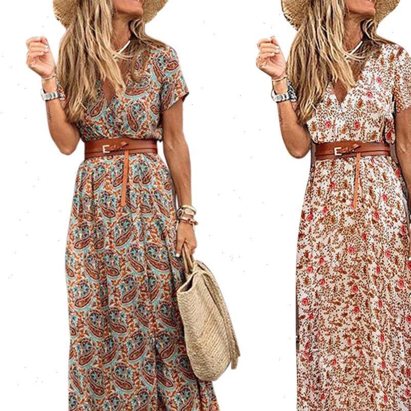

fashion boho women dress long for v neck short sleeve paisley print belt hem beach elegant womens, Black;gray