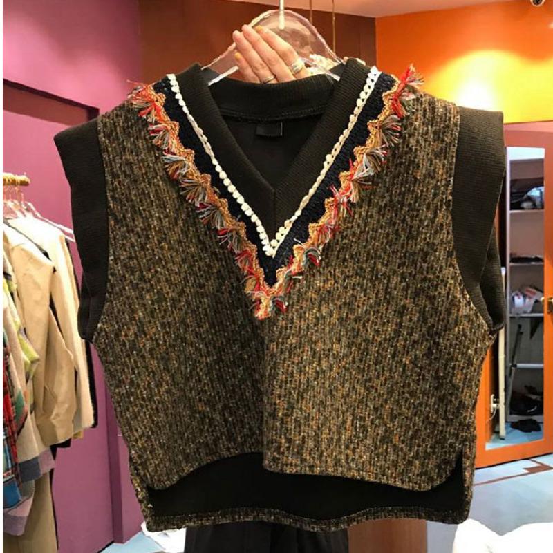 

Women's Jackets [EWQ] Short Trendy Women Clothing Sweater Top Knitting Color-block Sleeveless Duffle V-neck Spring Autumn 8D336G, Black;brown