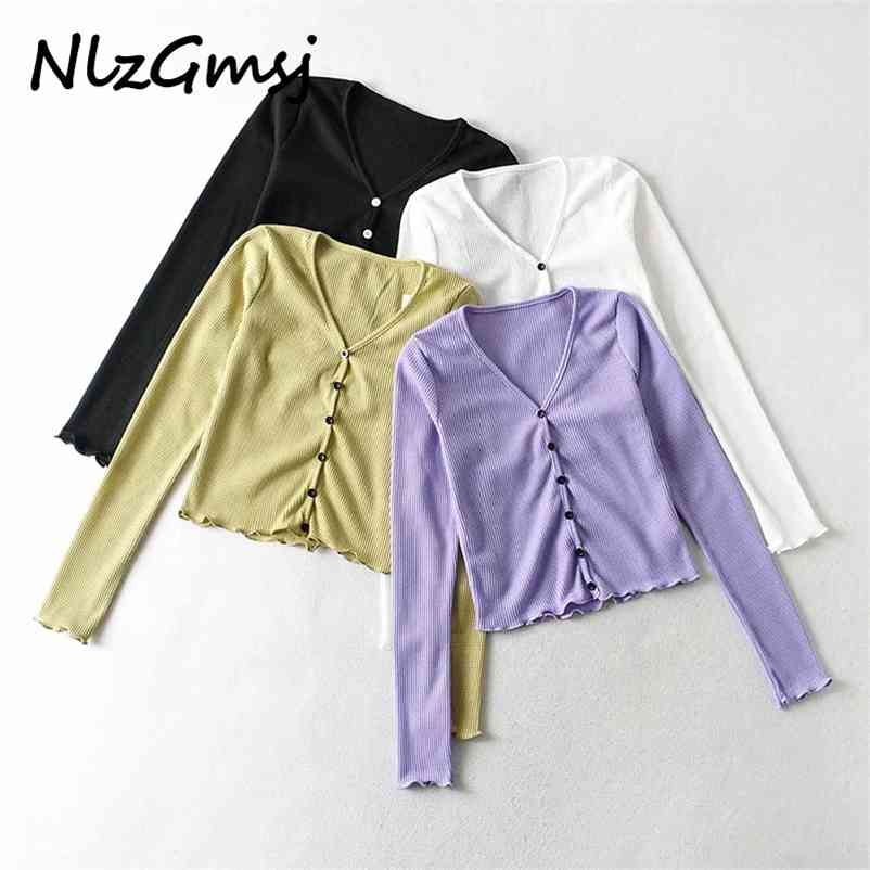 

t shirt women autumn v neck button crop cardigan tops femme vintage cute knitted t-shirts tee mujer 04 210628, As picture