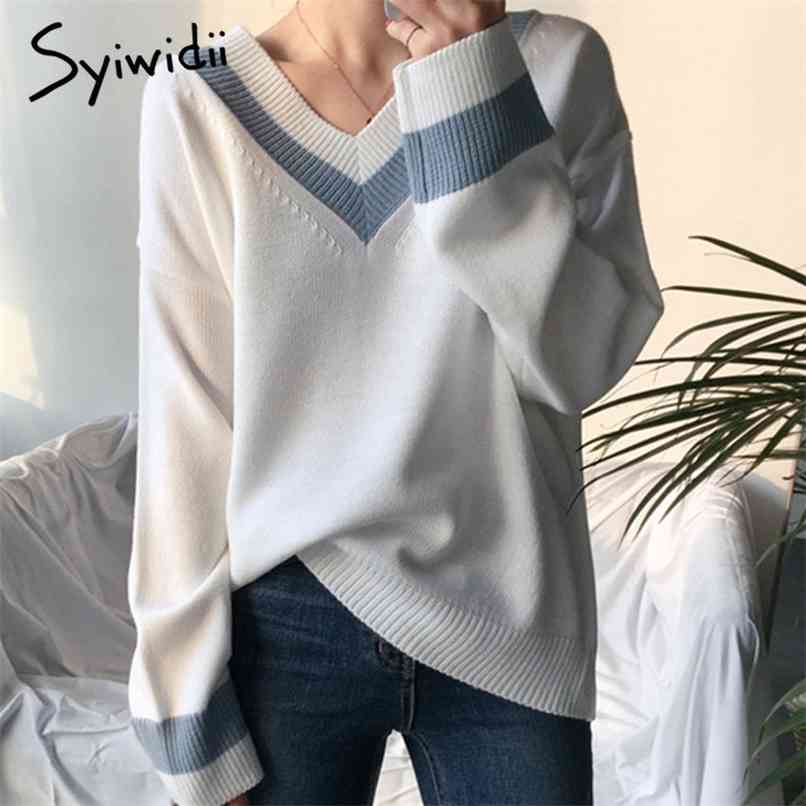 

sweater women autumn winter V neck pullovers sweaters patchwork cute loose harajuku clothing for white black 210607