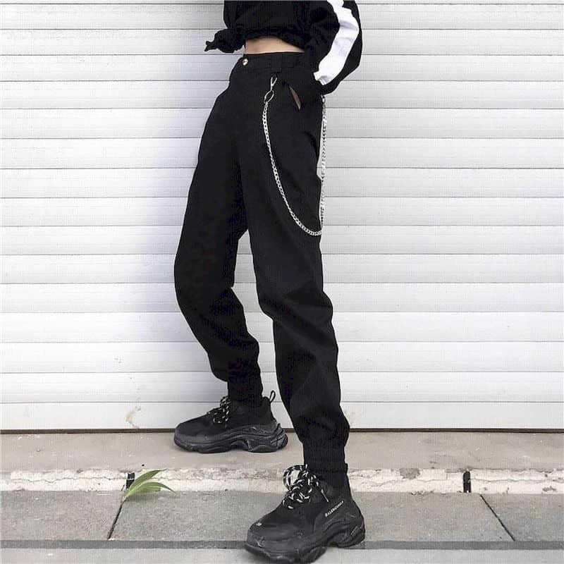 

women's cargo trousers Hip-hop street dance chain feet casual overalls jue pants female pop song and costumes cool 210526, Black