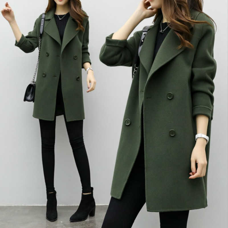 

Women long jacket suit Autumn solid color woolen self-cultivation big double-breasted loose size coat Casual fashion blazer 210527