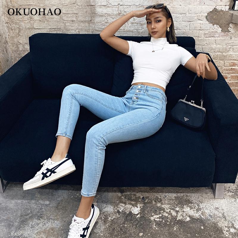 

2021stretch high waist jeans women 2021 new skinny slim fashion washed denim pencil pants plastic waist lifting ninth pants, Blue