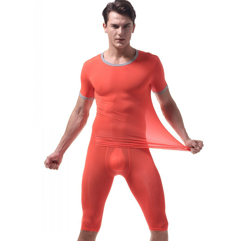 

Orange Sexy Men's underwear Ice silky sleepwear twinset Pajamas Set loungewear short sleeve tops and boxer shorts #VS007DTZ