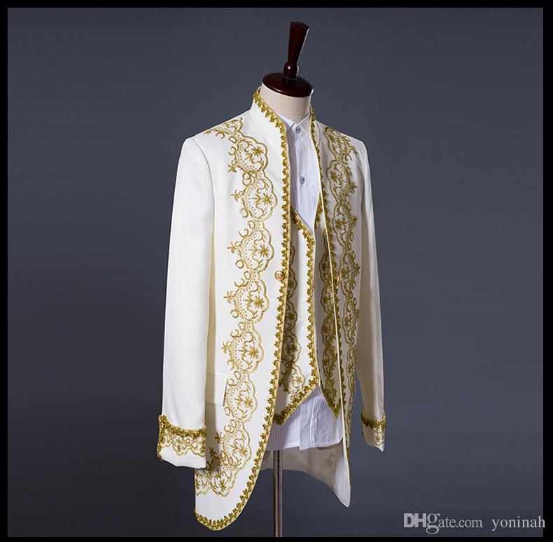 Prince Gold Embroidery Blazer Suit Wedding Groom Jacket Coat Blazer Jacket wedding tuxedos men's suits coat+vest+pant