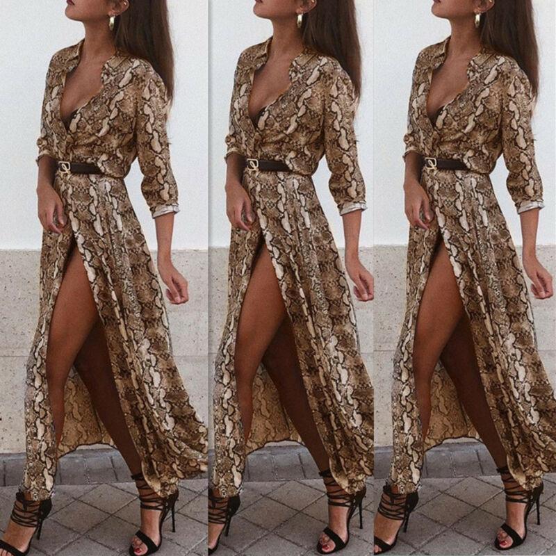 

Casual Dresses Women V Neck Snake Skin Print Maxi Dress Ladies Split Holiday Beach Party, Gray