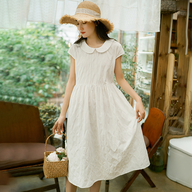 

Johnature Women Summer Sweet Dresses Peter Pan Collar Solid Color Jacquard Summer Mori Girl Casual Korean Style Dress 210521, Blue