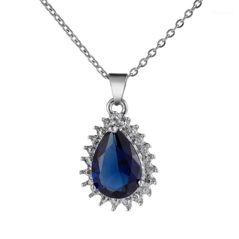 

Fine Luxury Female Hart Pendant Necklace S925 Silver Color Wedding Blue Green Red Zircon For Women Chains