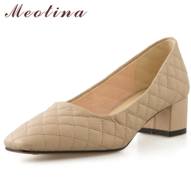 

Meotina Square Toe Med Heels Women Shoes Block Heel Dress Shoes Fashion Pumps Shallow Ladies Footwear Spring Beige Large Size 43 210608