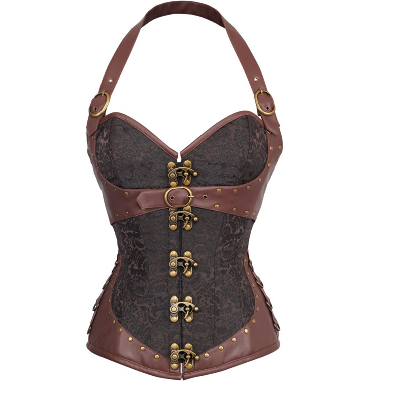 

Woman Bustiers Womens Gothic Steampunk Corset Halter Brown Steel Boned Vintage Sexy Underbust Corsets Leather Gather Waist Slim Corset Top