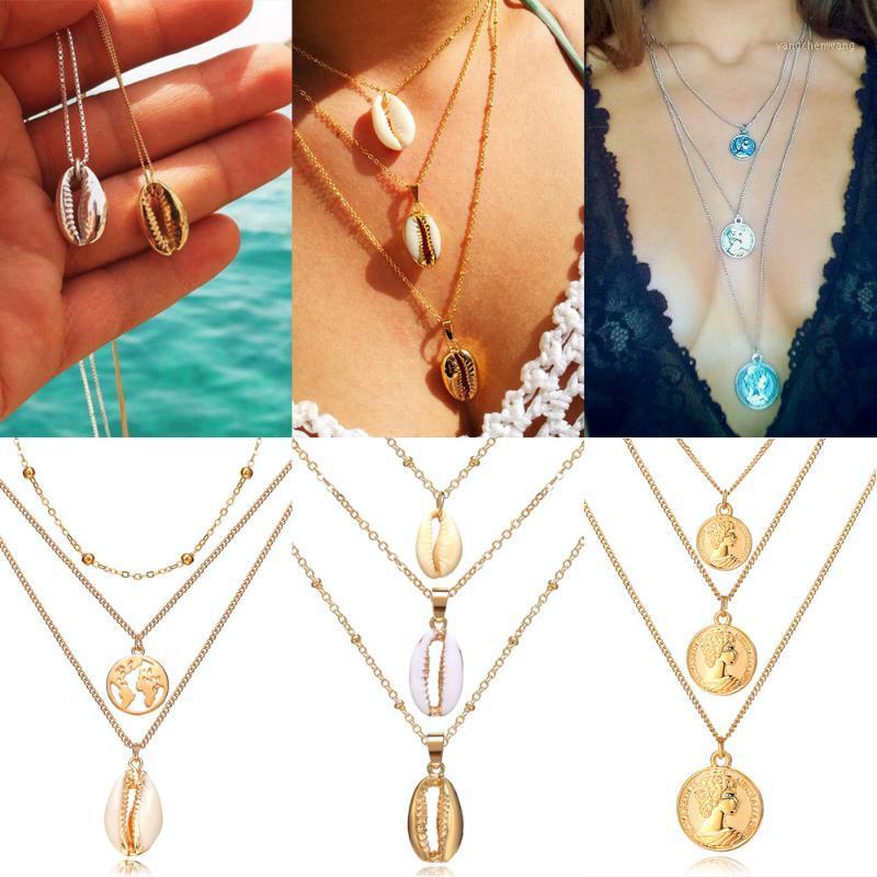 

Vintage BOHO Multilayer Shell Pendant Necklace Women Gold Color Map Coin Long Choker Necklaces Ocean Jewelry 2021 Gift Chains