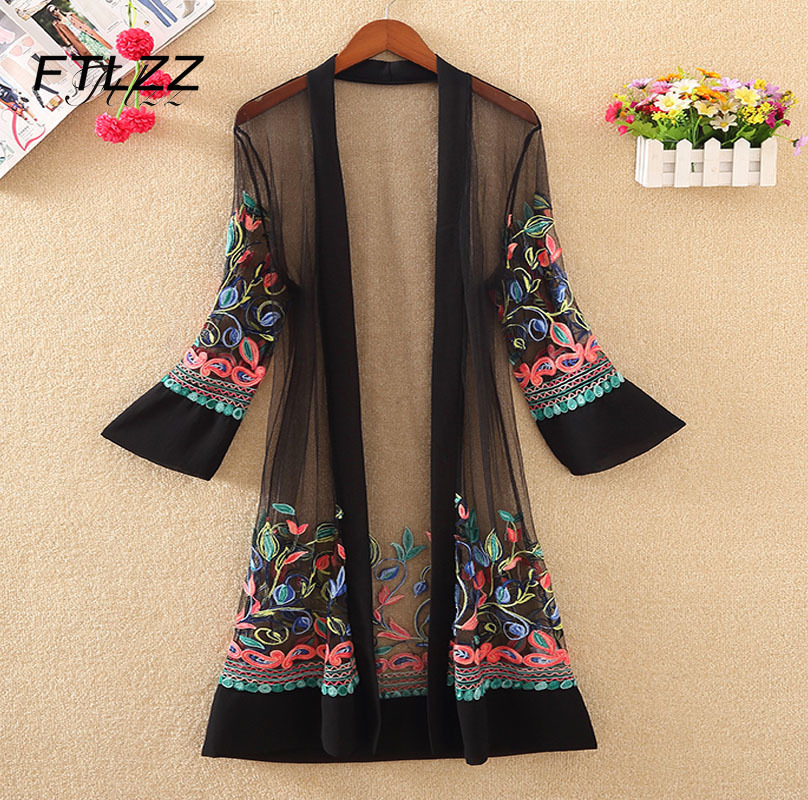 

Women Floral Embroidered Long Jacket Summer Net Cardigan Casual Sleeved Thin Coats Ladies Vintage Beach White Outerwear
