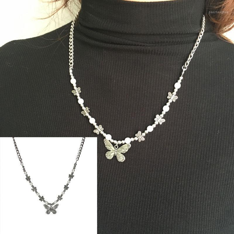 

Chains Punk Gothic Butterfly Pendant Necklace Choker Pearl Hip Hop Personality Fashion Jewelry For Women Girls Gifts Party Sold, Silver