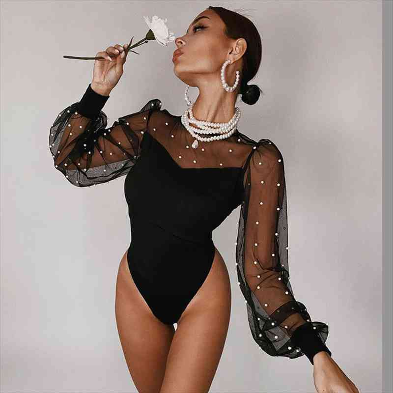 

Bodysuits Women Round Collar Mesh Chiffon Polka Dots Long Sleeve Bodycon Jumpsuits Tight Solid Color High Waist Bodysuits Romper, Black;white