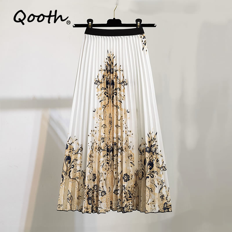 

Qooth Printed Flowers Pleated Skirt Color Match Fashion Mid-Length Skirt Flexible Waist Stretch All-Match A-Line Skirt QT581 210518, Yellow