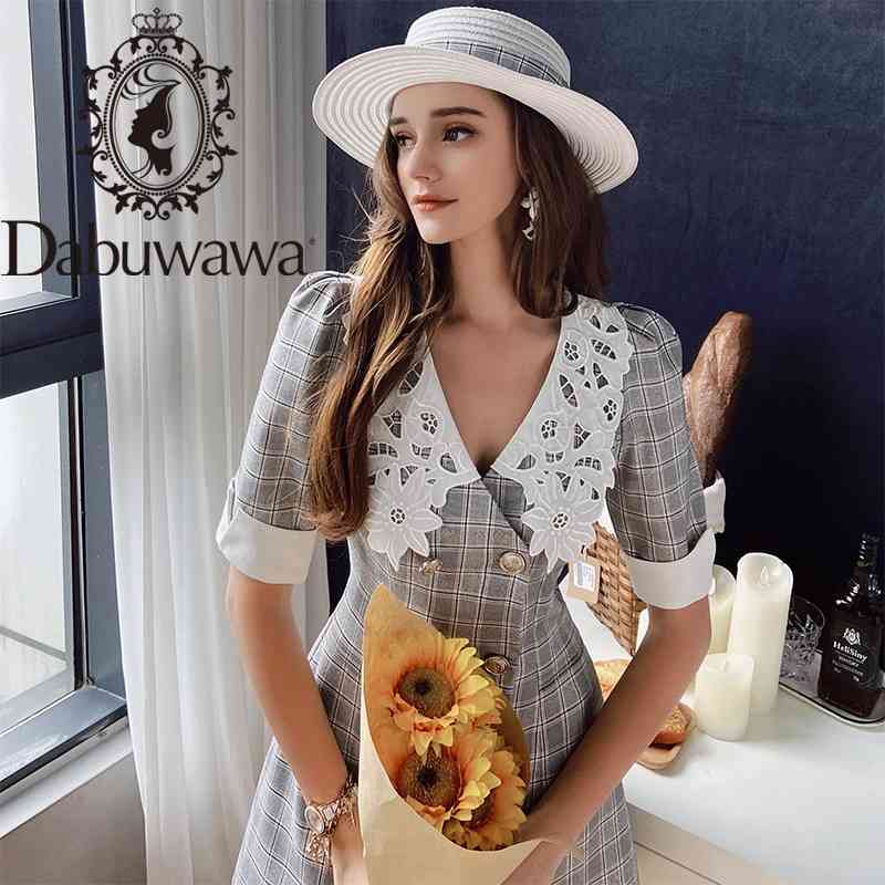 

Dabuwawa Exclusive Vintage Plaid Dress Women Appliques Collar Double Breasted Elegant Split Hem Dress Office Lady DO1BDR077 210520, Light grey