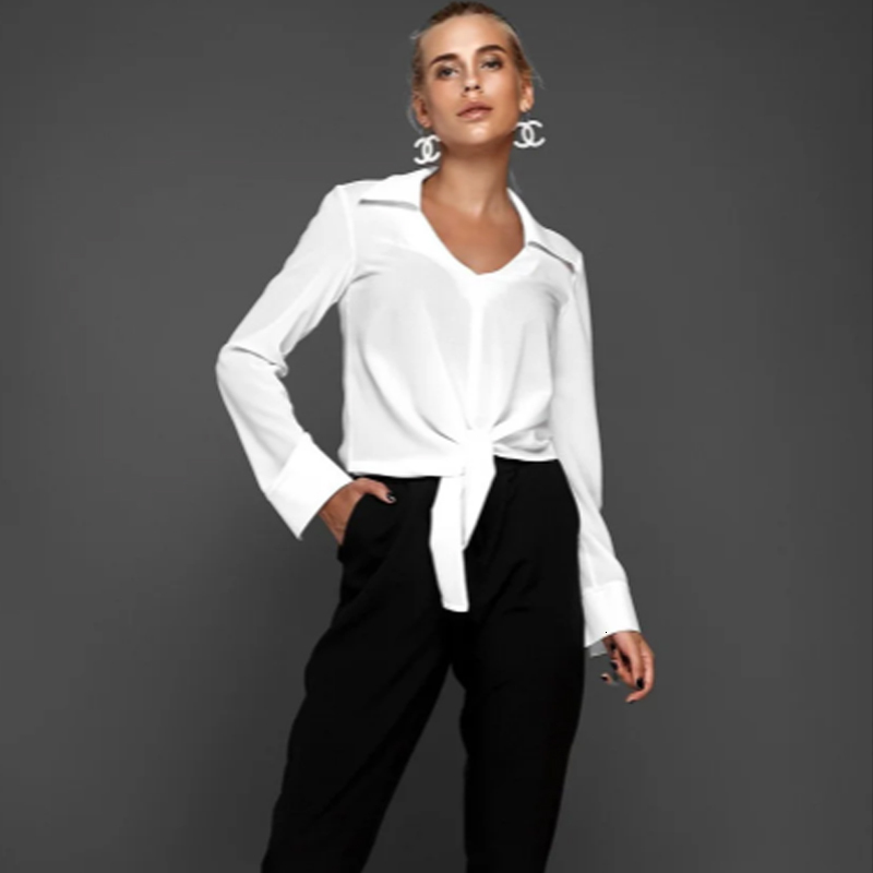 

Women's Blouses & Shirts Elegant V-neck Blouse Autumn Long Sleeve Office Lady Basic Tops Fashion Solid Color Pullover Shirt Simple Style 67MX, White