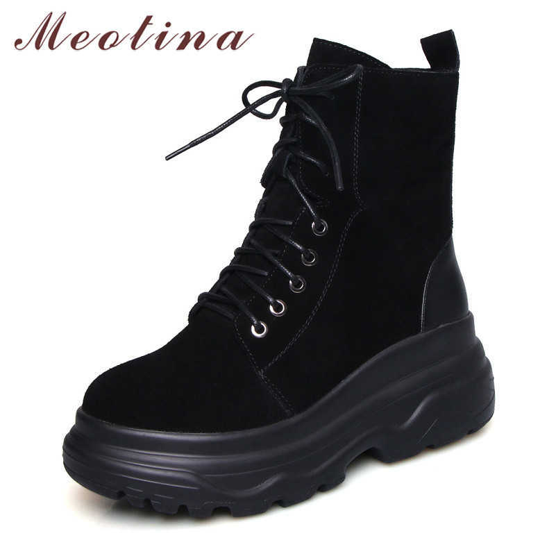 

Meotina Winter Ankle Boots Women Cow Suede Flat Platform Short Boots Real Leather Zipper Round Toe Short Shoes Lady Fall Size 39 210608, Black synthetic lini