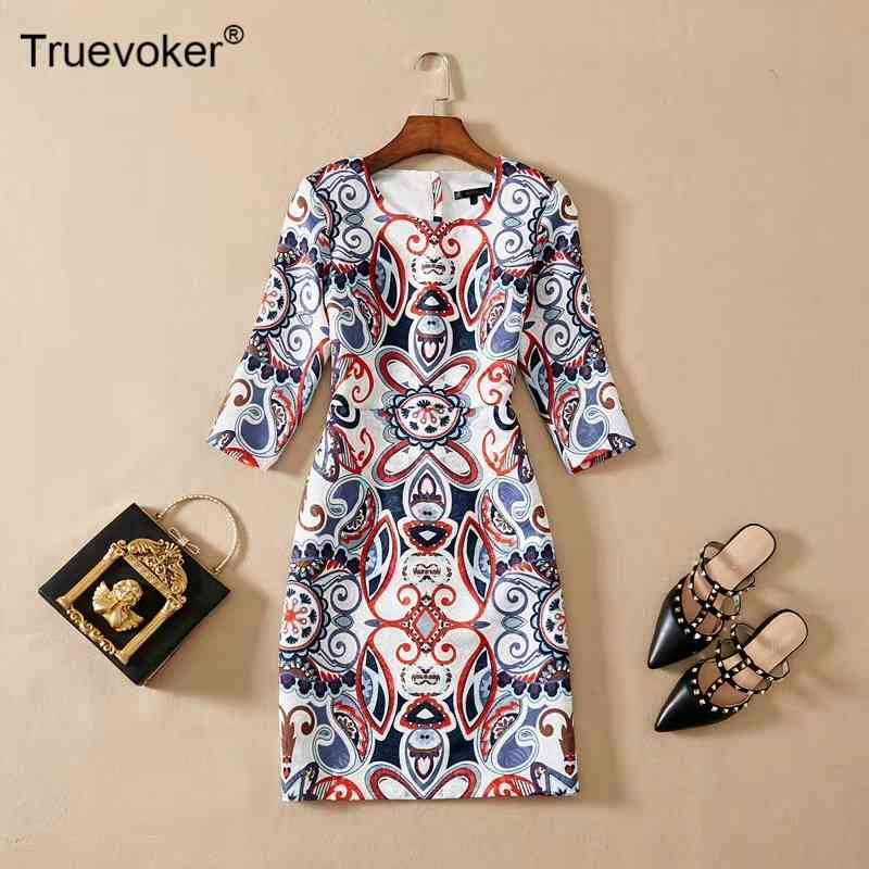 

Truevoker Designer Mujer Festa Vestido High Qualit Half Sleeve Elegant Totem Print Jacquard Plus Size  Robe 210602, Blue