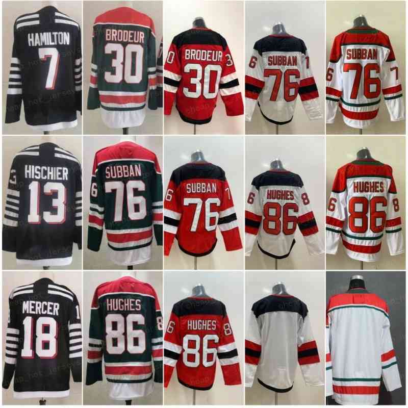 

2021 Reverse Retro Green 86 Jack Hughes New Hockey Jerseys 76 P.K. Subban PK 13 Nico Hischier 30 Martin Brodeur 7 Dougie Hamilton 18 Dawson Mercer Alternate Black Shirts, Men