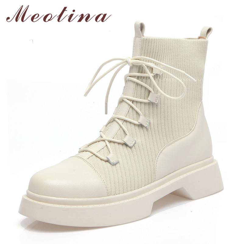 

Ankle Boots Women Shoes Real Leather Flats Platform Motorcycle Round Toe Cross Tied Ladies Short Beige Black 210517, Black synthetic lin